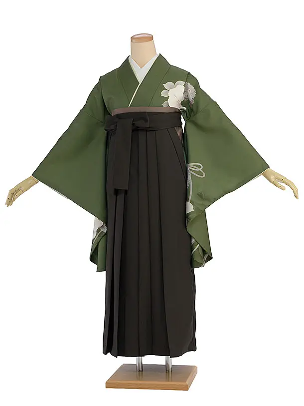 先生,教員向け袴レンタル 1449 モスグリーン 牡丹鈴／チャコール袴