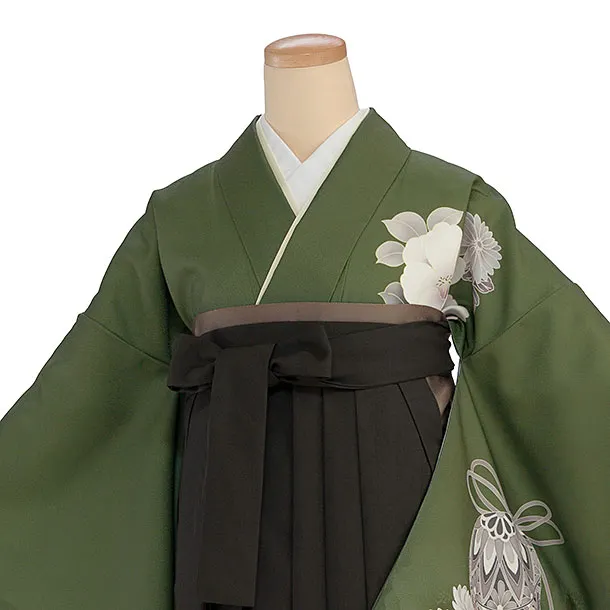 先生,教員向け袴レンタル 1449 モスグリーン 牡丹鈴／チャコール袴