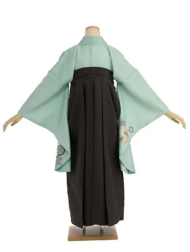 先生,教員向け袴レンタル 1450 薄緑 梅七宝／チャコール袴