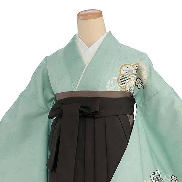 先生,教員向け袴レンタル 1450 薄緑 梅七宝／チャコール袴