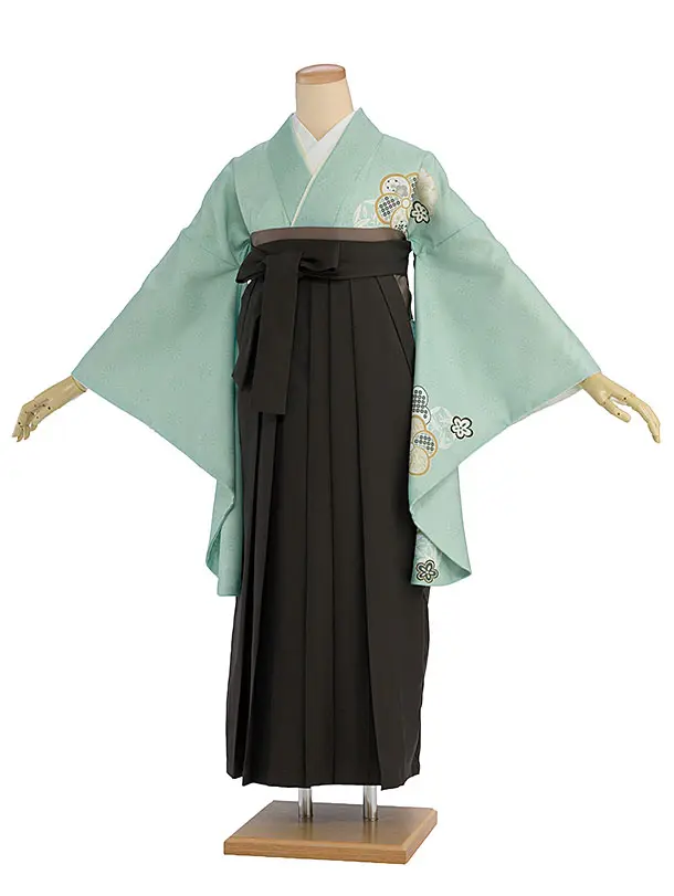 先生,教員向け袴レンタル 1451 薄緑 梅七宝／チャコール袴