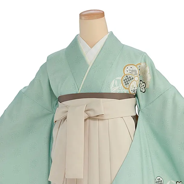 先生,教員向け袴レンタル 1453 薄緑 梅七宝／クリーム袴