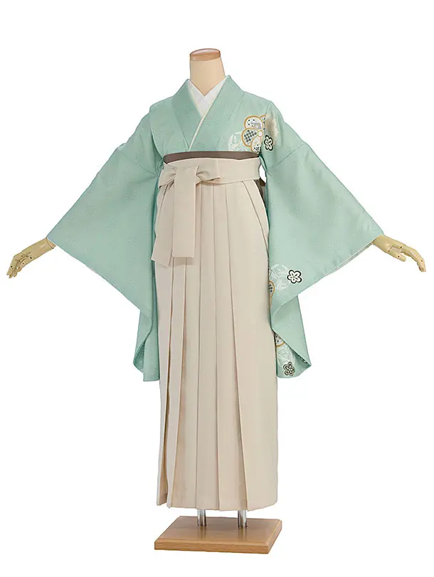 先生,教員向け袴レンタル 1454 薄緑 梅七宝／クリーム袴
