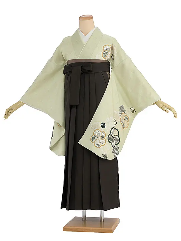 先生,教員向け袴レンタル 1455 薄黄緑 梅七宝／チャコール袴