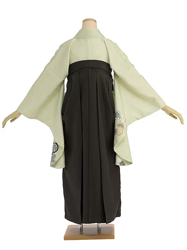 先生,教員向け袴レンタル 1455 薄黄緑 梅七宝／チャコール袴