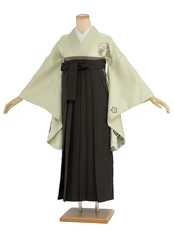 先生,教員向け袴レンタル 1456 薄黄緑 梅七宝／チャコール袴