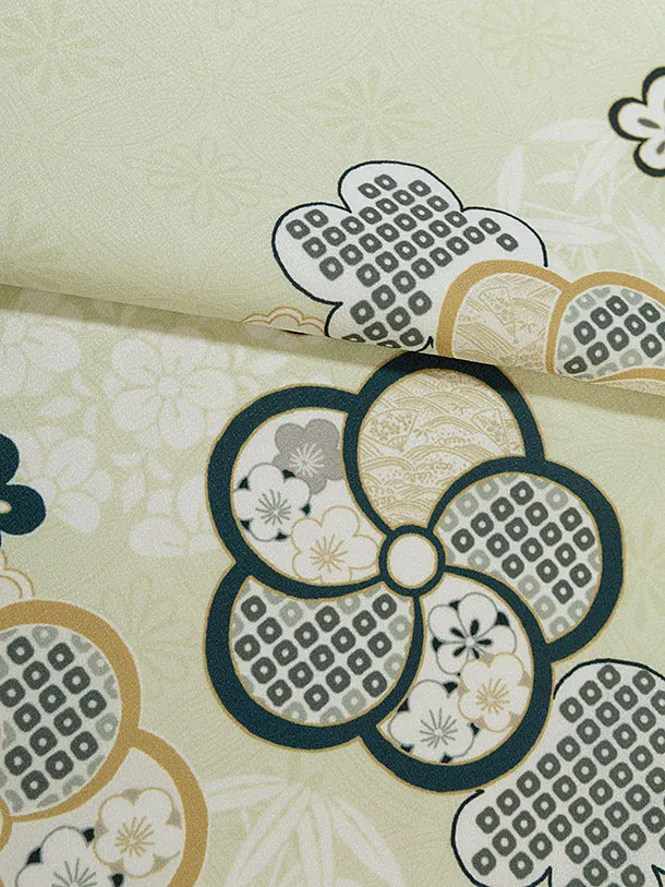 先生,教員向け袴レンタル 1456 薄黄緑 梅七宝／チャコール袴