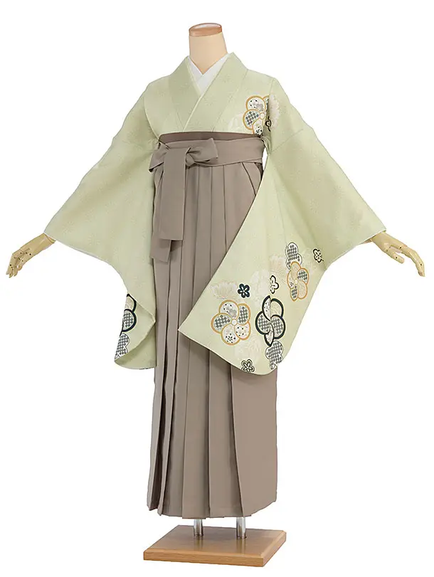 先生,教員向け袴レンタル 1458 薄黄緑 梅七宝／ベージュ袴