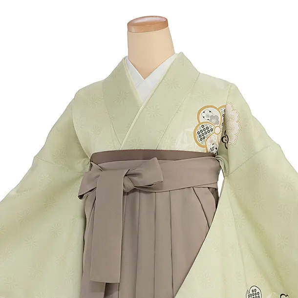 先生,教員向け袴レンタル 1459 薄黄緑 梅七宝／ベージュ袴