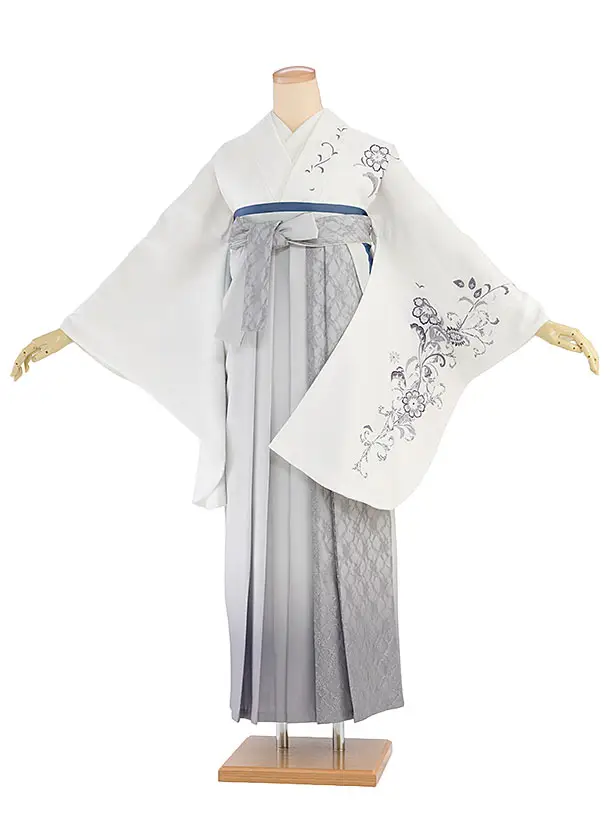 卒業式女性袴レンタル 1460 白 ミングトゥリー／淡グレー レース袴
