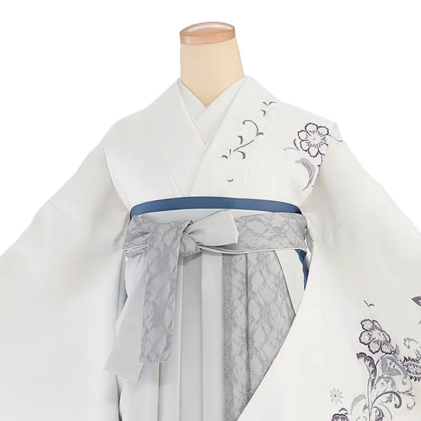 卒業式女性袴レンタル 1460 白 ミングトゥリー／淡グレー レース袴