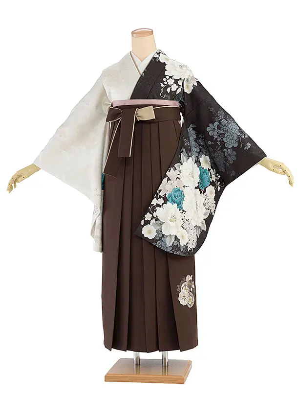 卒業式女性袴レンタル 1461 黒×ベージュ 片身替わり／茶色 花七宝袴
