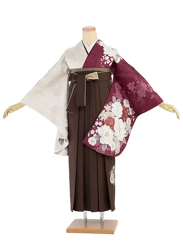 卒業式女性袴レンタル 1462 ベージュ×ワイン 片身替わり／茶色 花七宝袴