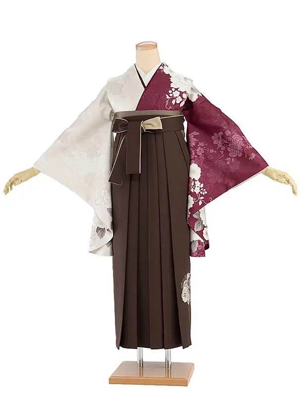 卒業式女性袴レンタル 1462 ベージュ×ワイン 片身替わり／茶色 花七宝袴