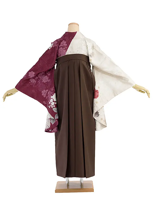 卒業式女性袴レンタル 1462 ベージュ×ワイン 片身替わり／茶色 花七宝袴