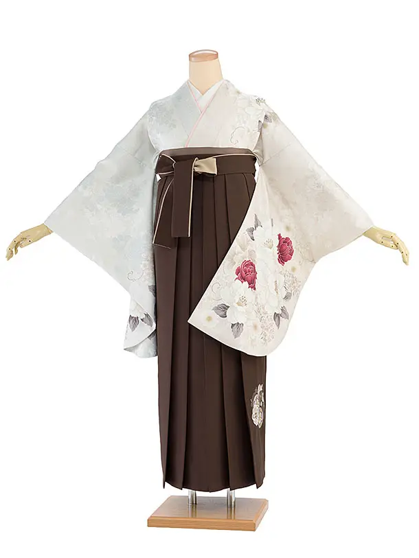 卒業式女性袴レンタル 1463 シルバー×ベージュ 片身替わり／茶色 花七宝袴