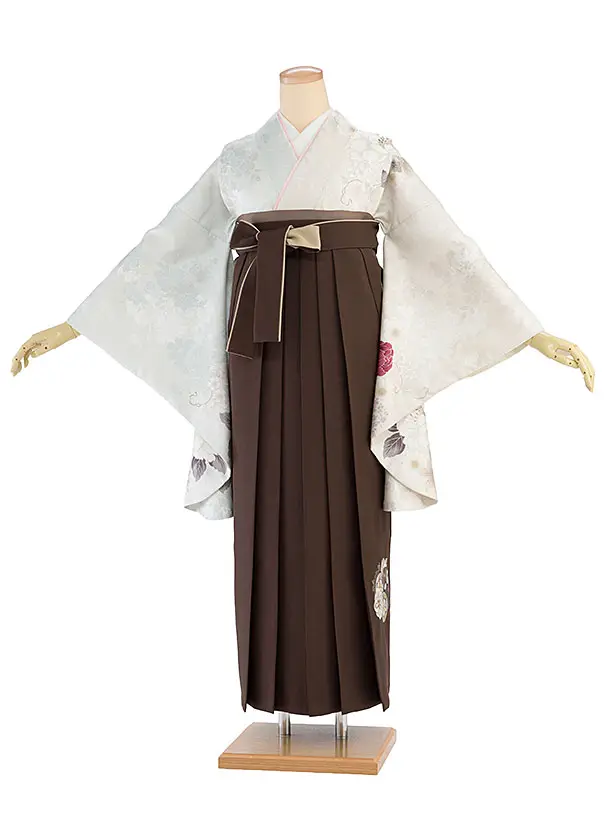 卒業式女性袴レンタル 1463 シルバー×ベージュ 片身替わり／茶色 花七宝袴