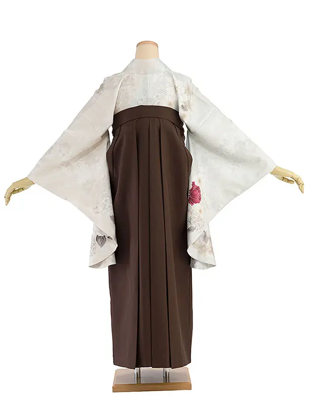 卒業式女性袴レンタル 1463 シルバー×ベージュ 片身替わり／茶色 花七宝袴