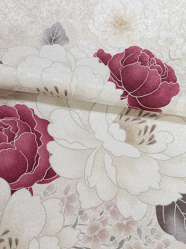 卒業式女性袴レンタル 1463 シルバー×ベージュ 片身替わり／茶色 花七宝袴