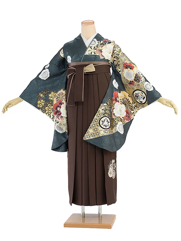 卒業式女性袴レンタル 1464 深藍緑色 華雪輪／茶色 花七宝袴
