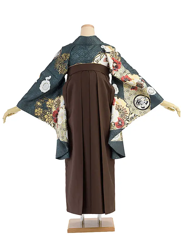 卒業式女性袴レンタル 1464 深藍緑色 華雪輪／茶色 花七宝袴