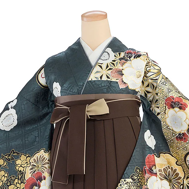 卒業式女性袴レンタル 1464 深藍緑色 華雪輪／茶色 花七宝袴