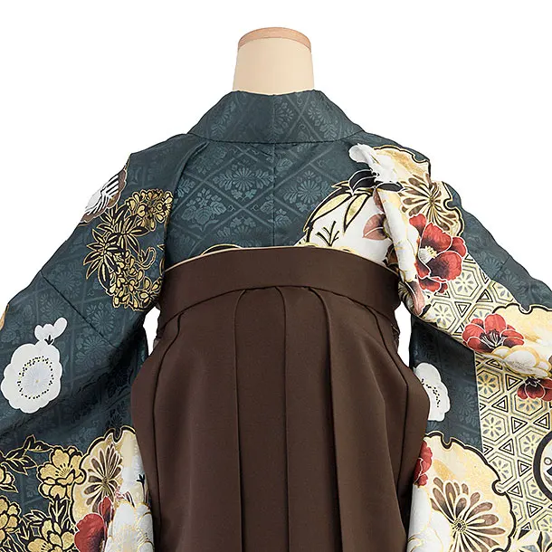 卒業式女性袴レンタル 1464 深藍緑色 華雪輪／茶色 花七宝袴