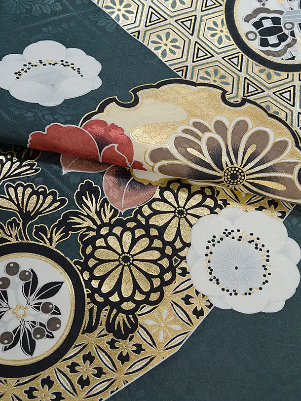 卒業式女性袴レンタル 1464 深藍緑色 華雪輪／茶色 花七宝袴