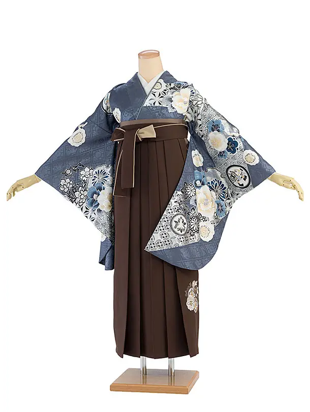 卒業式女性袴レンタル 1465 ブルーグレー 華雪輪／茶色 花七宝袴