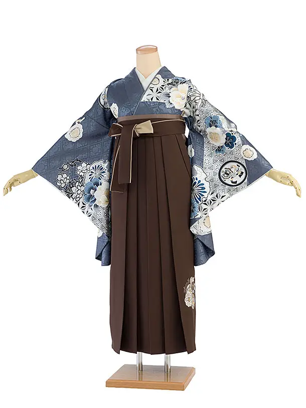 卒業式女性袴レンタル 1465 ブルーグレー 華雪輪／茶色 花七宝袴