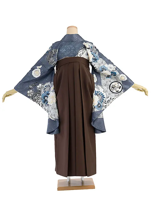卒業式女性袴レンタル 1465 ブルーグレー 華雪輪／茶色 花七宝袴