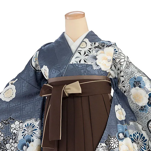 卒業式女性袴レンタル 1465 ブルーグレー 華雪輪／茶色 花七宝袴