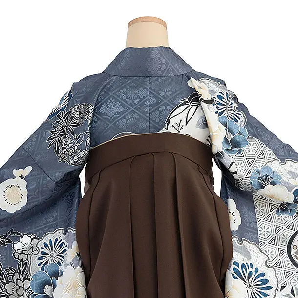 卒業式女性袴レンタル 1465 ブルーグレー 華雪輪／茶色 花七宝袴