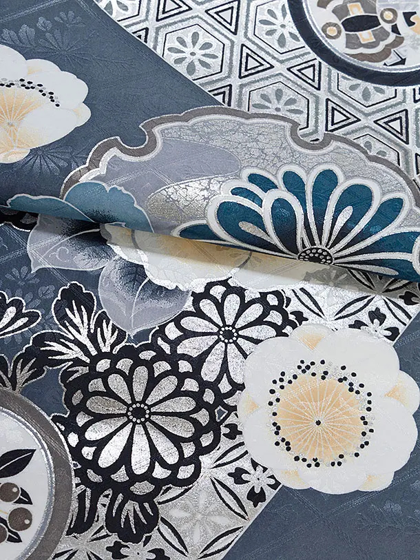 卒業式女性袴レンタル 1465 ブルーグレー 華雪輪／茶色 花七宝袴