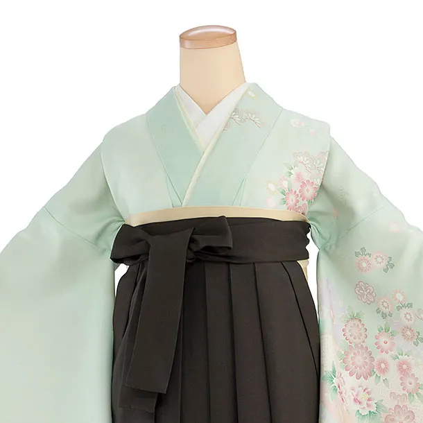 先生,教員向け袴レンタル 1468 薄緑 花鹿の子／チャコールグレー 花七宝袴