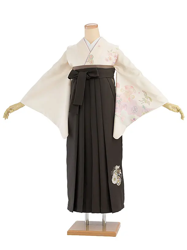 先生,教員向け袴レンタル 1469 クリーム 花七宝／チャコールグレー 花七宝袴