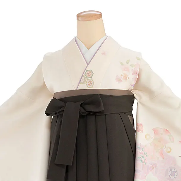 先生,教員向け袴レンタル 1469 クリーム 花七宝／チャコールグレー 花七宝袴