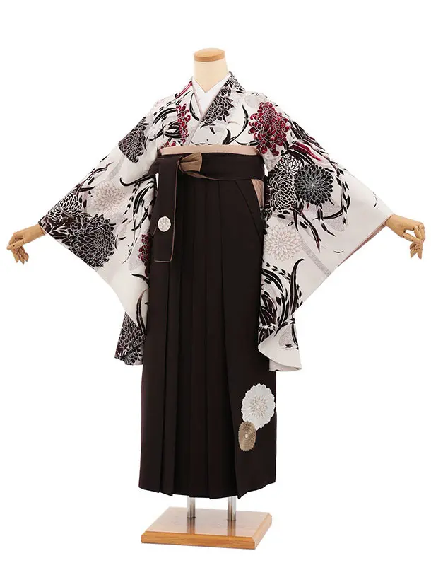 卒業式女性袴 1484 JAPAN STYLE／オフホワイト 菊に羽／ブラウン袴