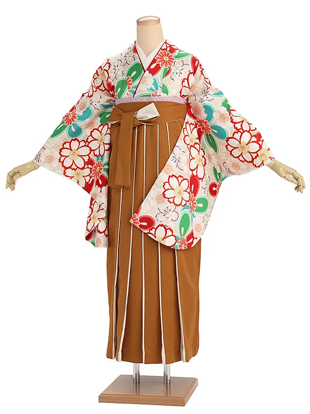 卒業式女性袴レンタル B549 グレージュ 桜／テラコッタ袴