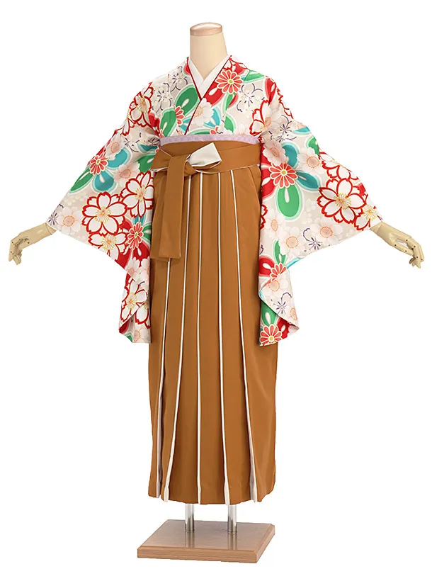 卒業式女性袴レンタル B549 グレージュ 桜／テラコッタ袴