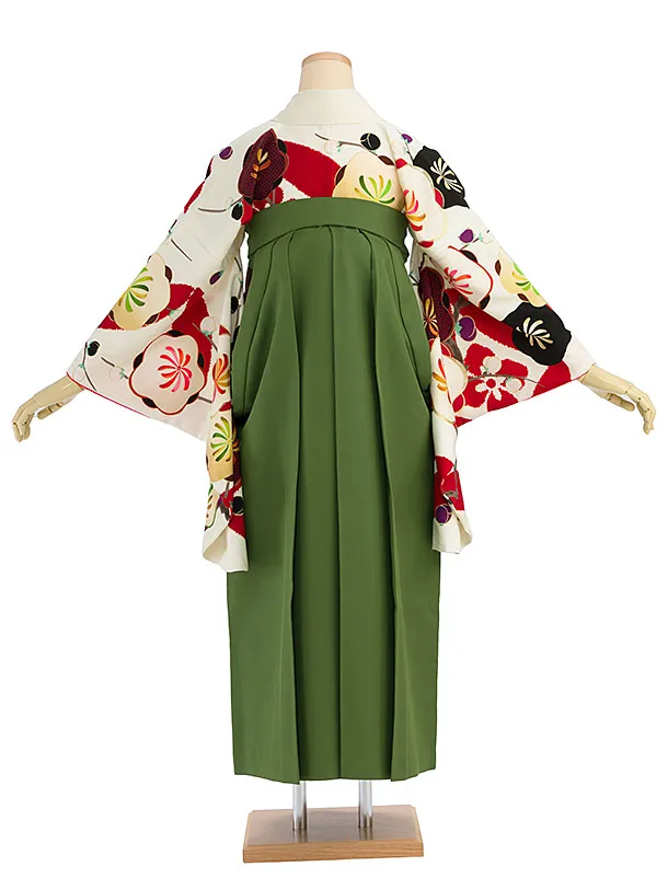 卒業式女性袴 E096 オフホワイト 梅／オリーブグリーン橘刺繍袴