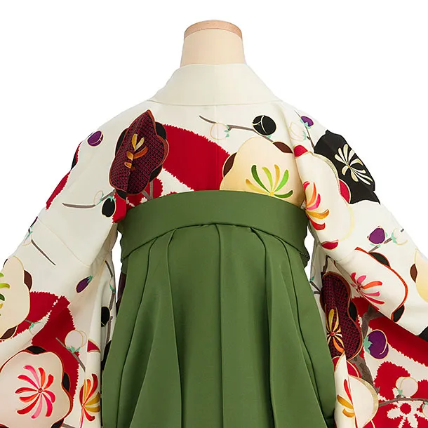 卒業式女性袴 E096 オフホワイト 梅／オリーブグリーン橘刺繍袴