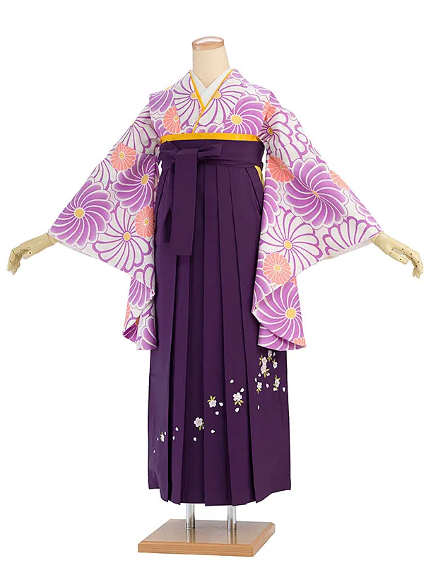 卒業式女性袴 E102 白地 菊／紫桜刺繍袴