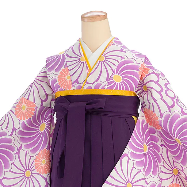 卒業式女性袴 E102 白地 菊／紫桜刺繍袴