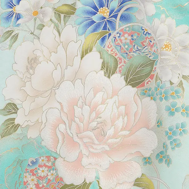 【夏用】【正絹単衣】お宮参り(女の子)レンタル 0271 薄青緑 牡丹鈴