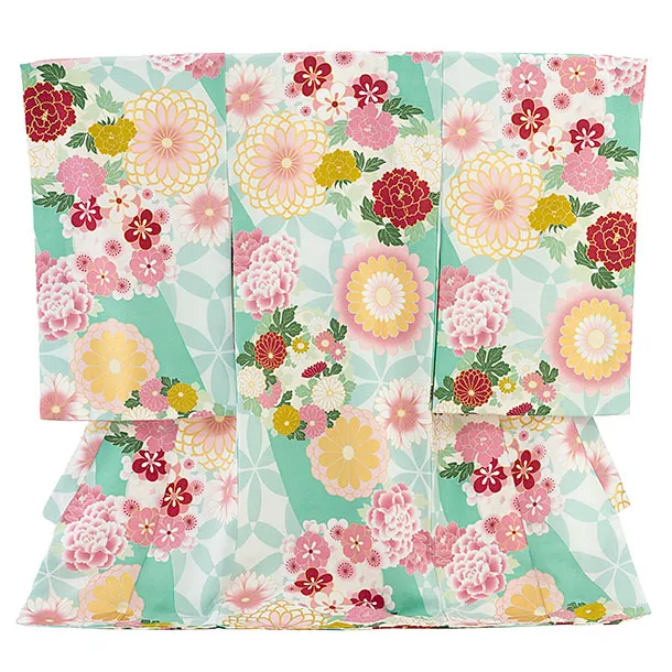 お宮参り(女の子)レンタル 0308 エメラルドグリーン 花七宝