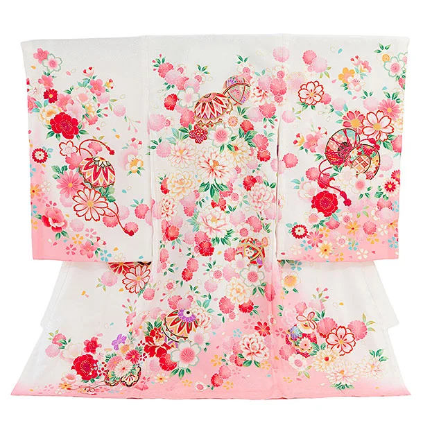 【夏用】【正絹単衣】お宮参り(女の子)レンタル 0309 白×ピンク 花まり