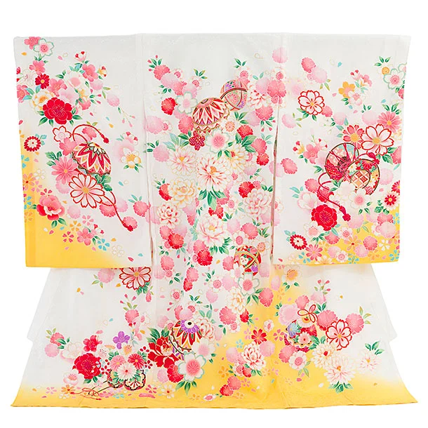 【夏用】【正絹単衣】お宮参り(女の子)レンタル 0310 白×黄色 花まり