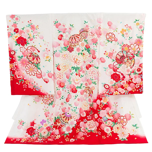 【夏用】【正絹単衣】お宮参り(女の子)レンタル 0311 白×赤 花まり