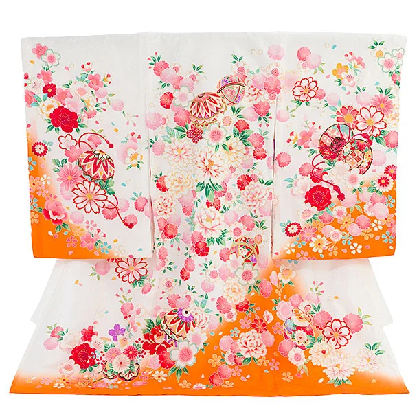 【夏用】【正絹単衣】お宮参り(女の子)レンタル 0312 白×オレンジ 花まり